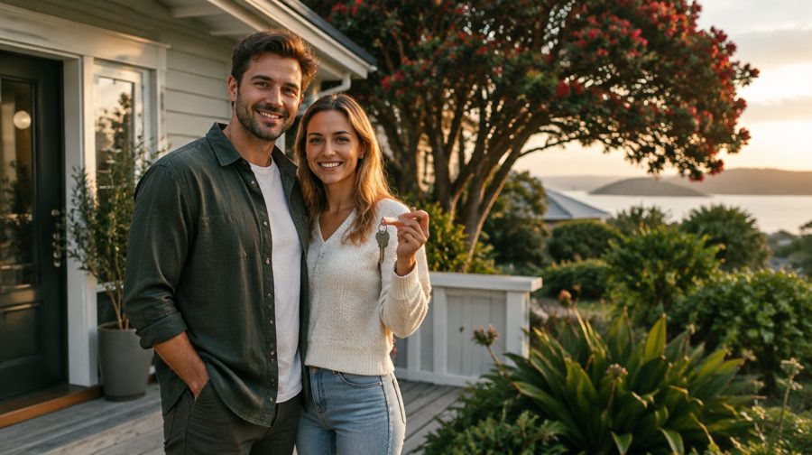 A couple holding the keys outside their weatherboard home at sunset